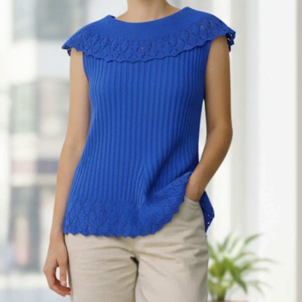 Fiorlini International Blue Sleeveless Knit Top Scallop Hem Lace‎ Vintage 22/24